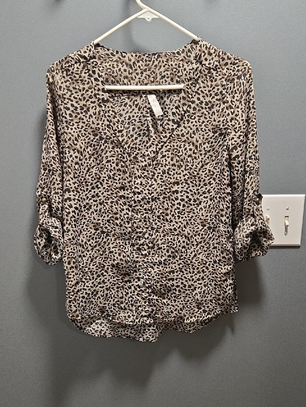 Leopard Print Roll-Sleeve V-Neck Blouse